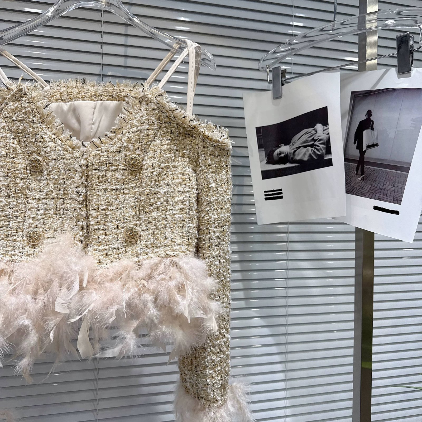 111Y Elegant Tweed Jacket For Women with Feather Hem Detail - Image 3