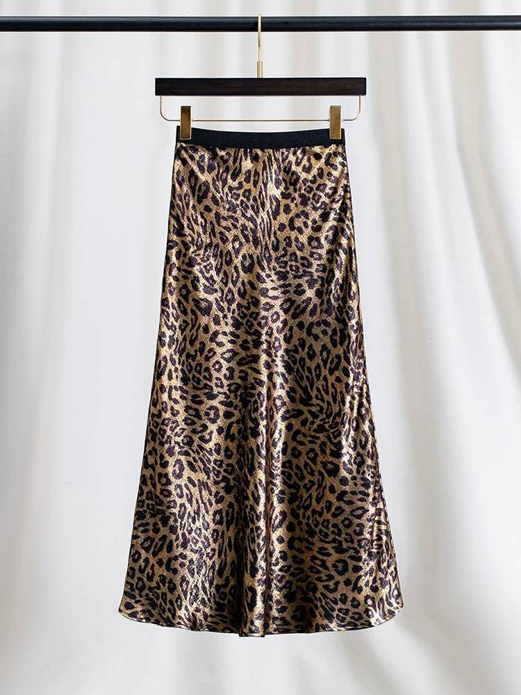 SK80Y Autumn Leopard Print A-Line High Waist Midi Skirt