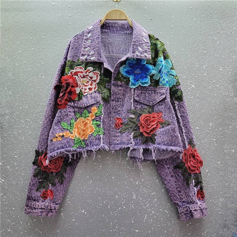 JK061 3D Floral Edge Denim Jacket - Spring Fashion