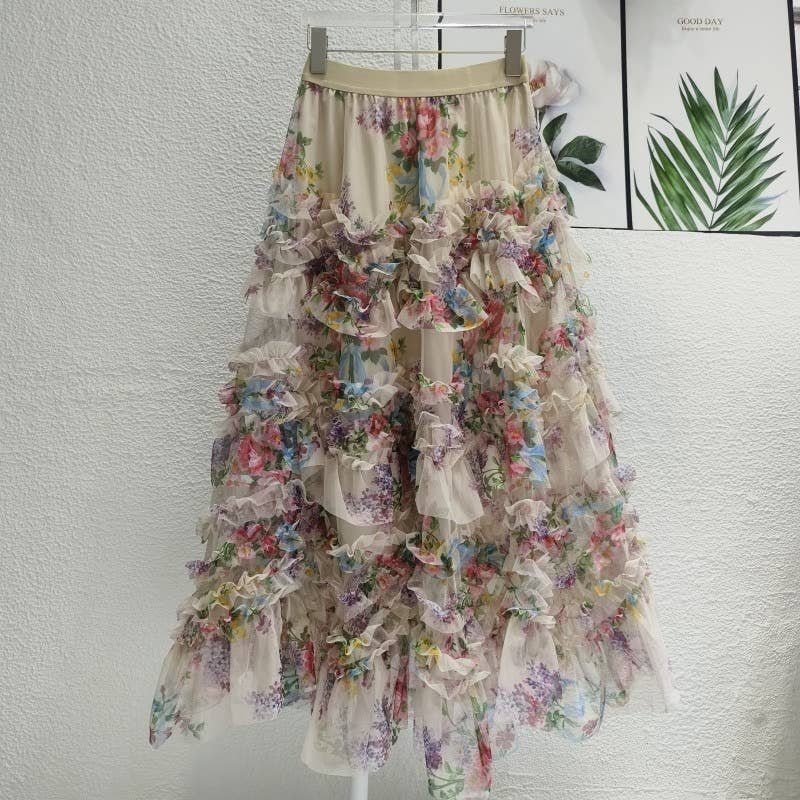 SK032 Colorful Floral Mesh Skirt with Irregular Stitching - Image 6
