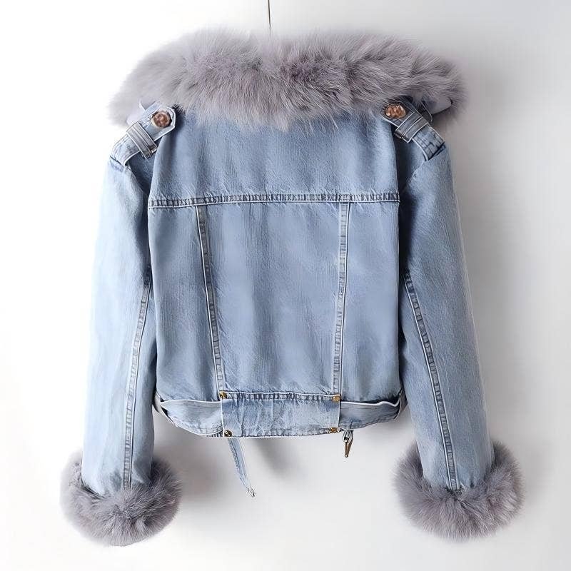PS001Y Women's Detachable Faux Fur Lining Denim Jacket - Image 2