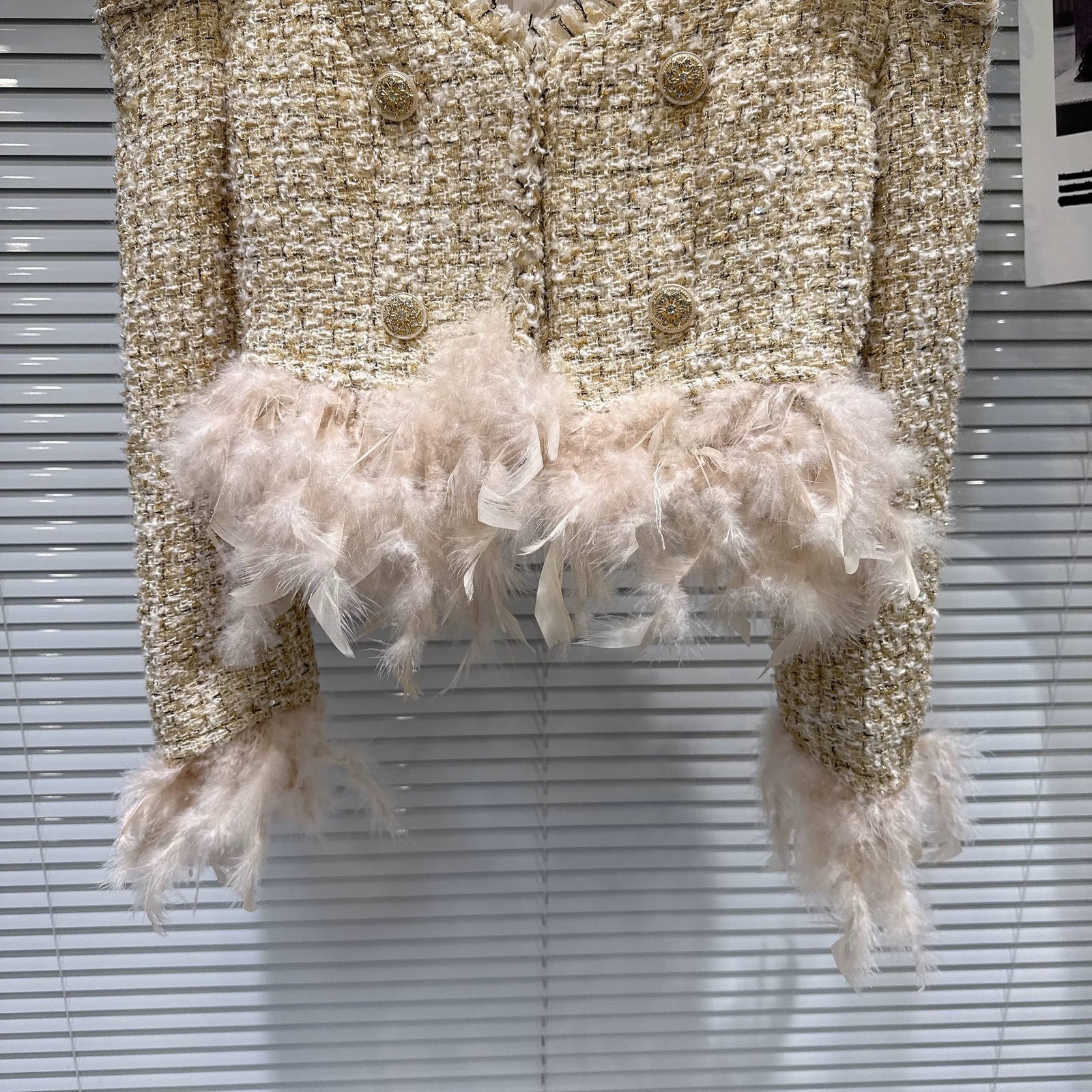 111Y Elegant Tweed Jacket For Women with Feather Hem Detail - Image 5