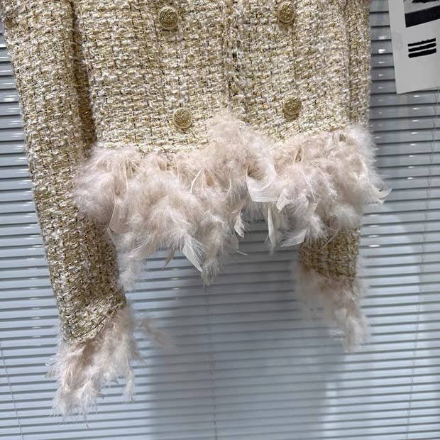 111Y Elegant Tweed Jacket For Women with Feather Hem Detail - Image 6