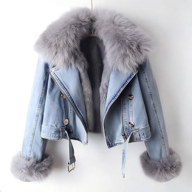 PS001Y Women's Detachable Faux Fur Lining Denim Jacket
