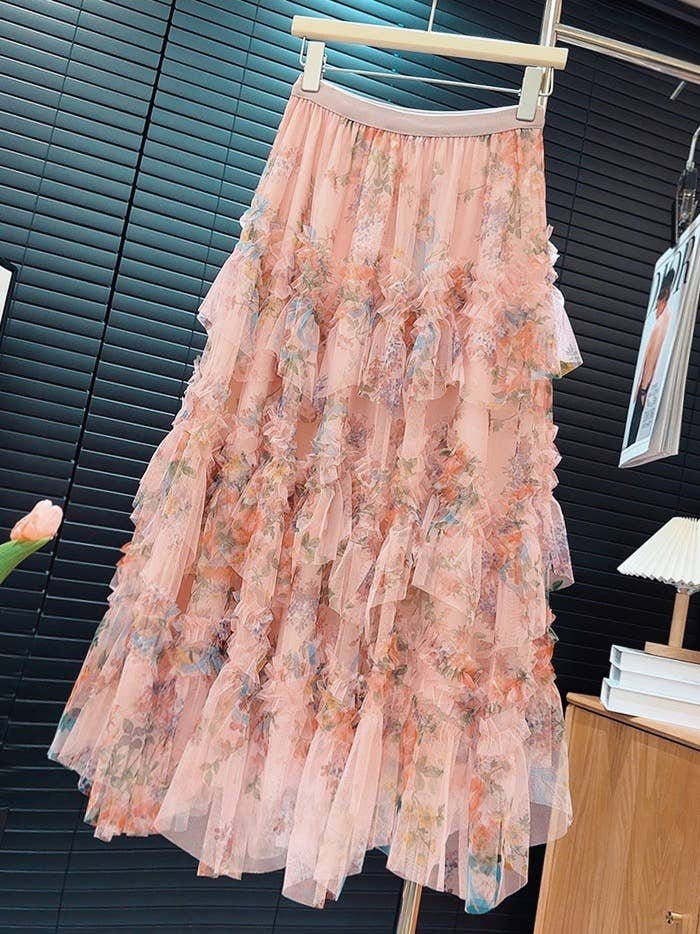 SK032 Colorful Floral Mesh Skirt with Irregular Stitching - Image 4