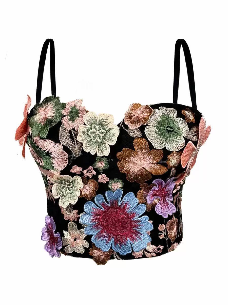 VE006Y Retro Floral Embroidered Tube Top Camisole with Bra