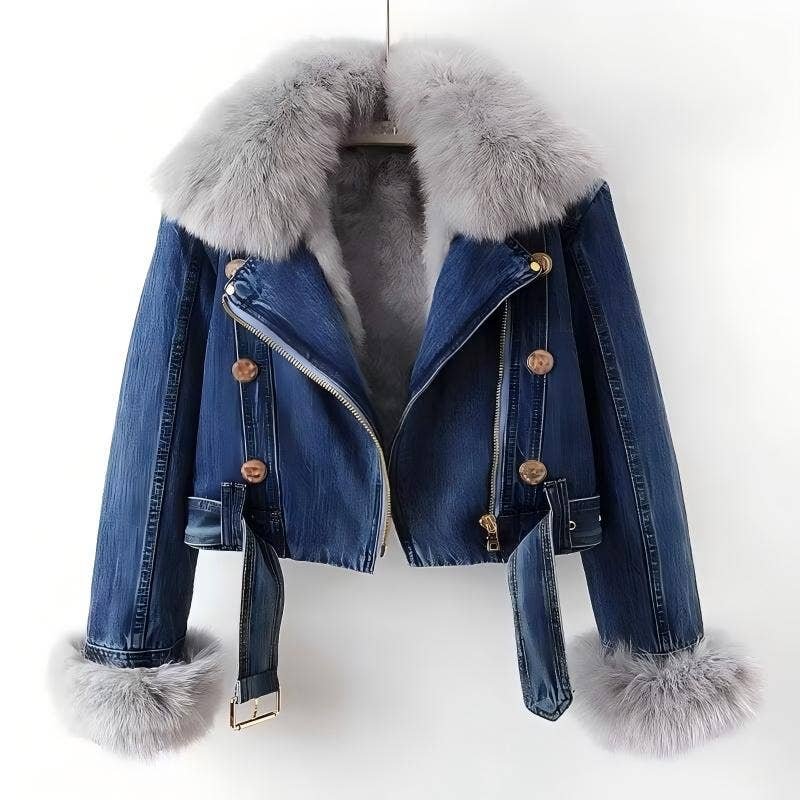 PS001Y Women's Detachable Faux Fur Lining Denim Jacket - Image 3