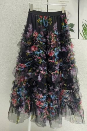 SK032 Colorful Floral Mesh Skirt with Irregular Stitching