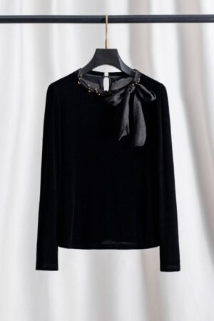 TP56Y Velvet Bow Long-Sleeve Lightweight Flocked Top