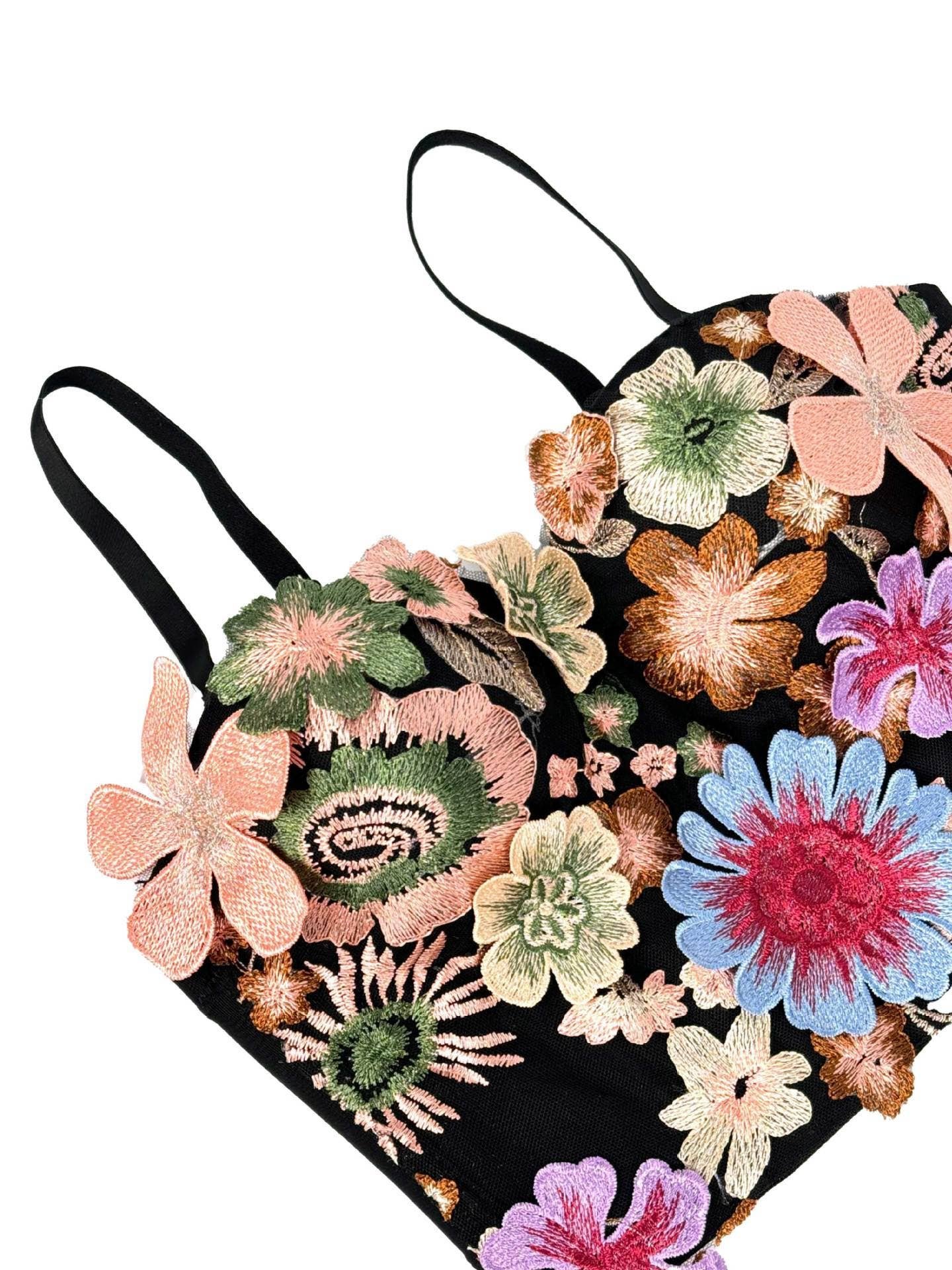 VE006Y Retro Floral Embroidered Tube Top Camisole with Bra - Image 4