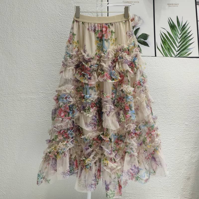 SK032 Colorful Floral Mesh Skirt with Irregular Stitching - Image 2