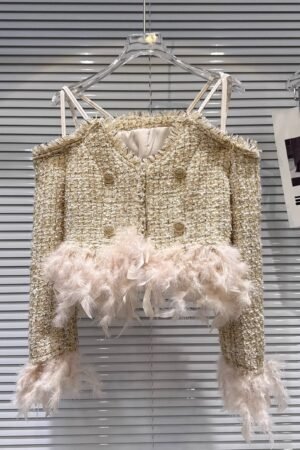 111Y Elegant Tweed Jacket For Women with Feather Hem Detail