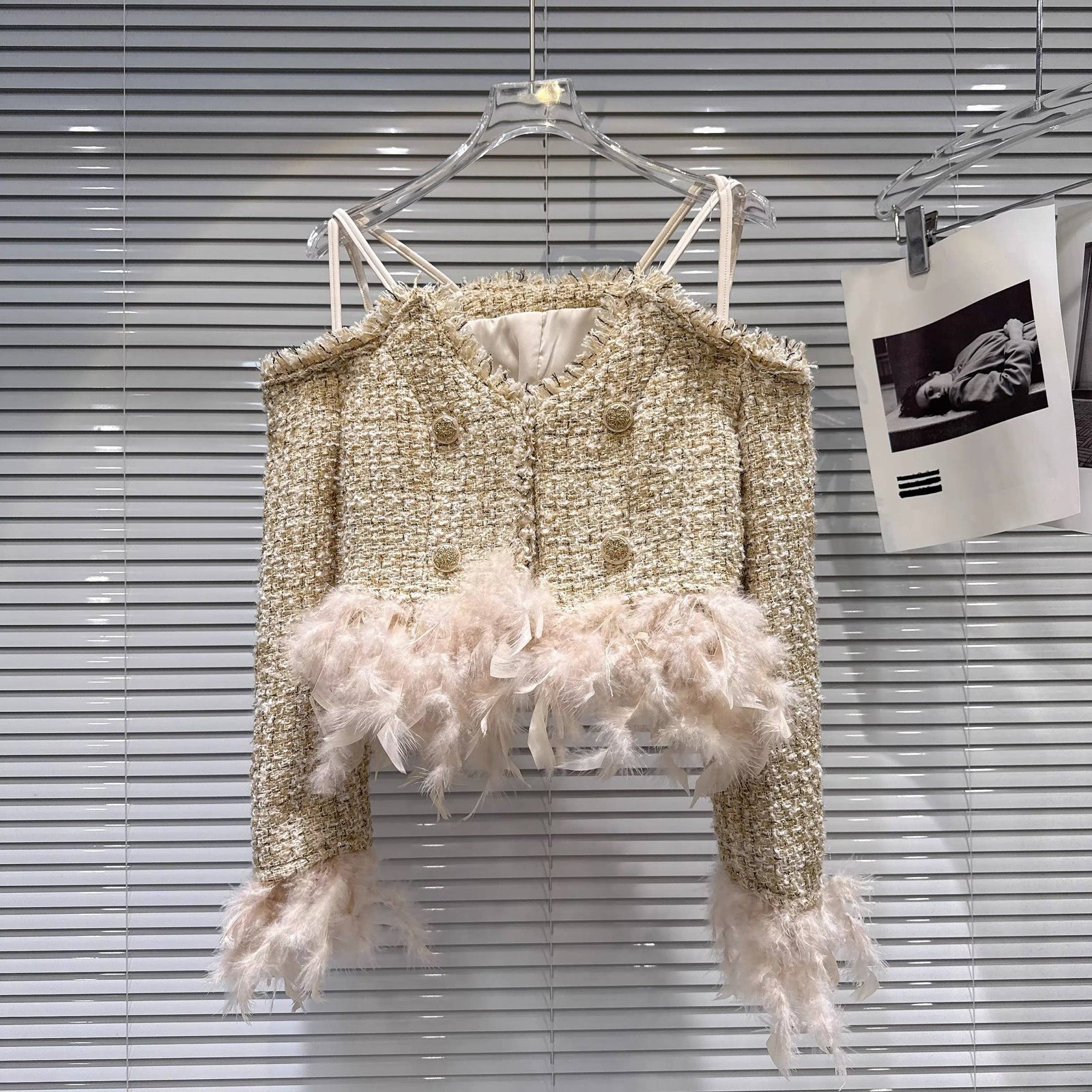 111Y Elegant Tweed Jacket For Women with Feather Hem Detail